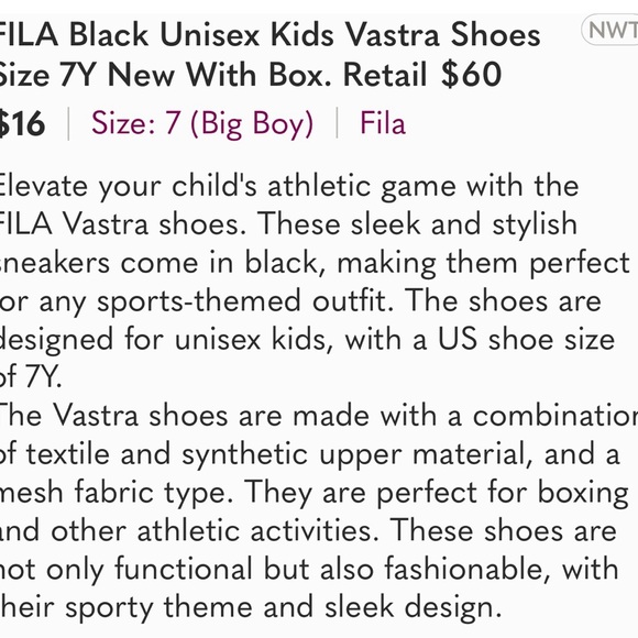 FILA Black Unisex Kids Vastra Shoes Size 7Y New With Box. Retail $60 - Picture 10 of 10